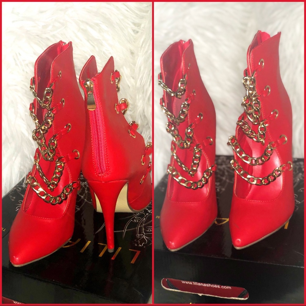 Ladies red closed pointed toe heel